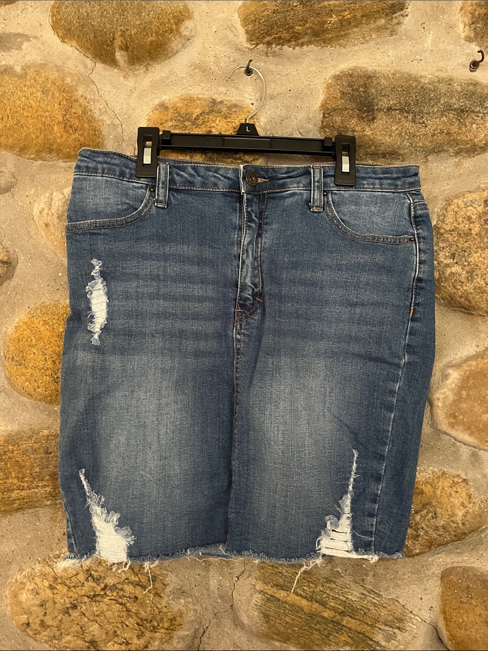 Wax Jean Distressed Blue Midi Denim Skirt